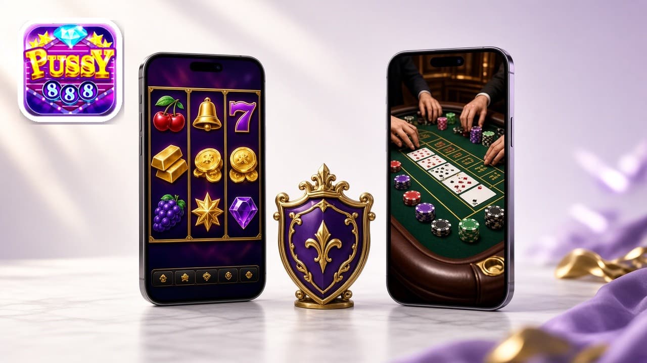 Pussy888 logo beside two phones showing a slot game and a live card table