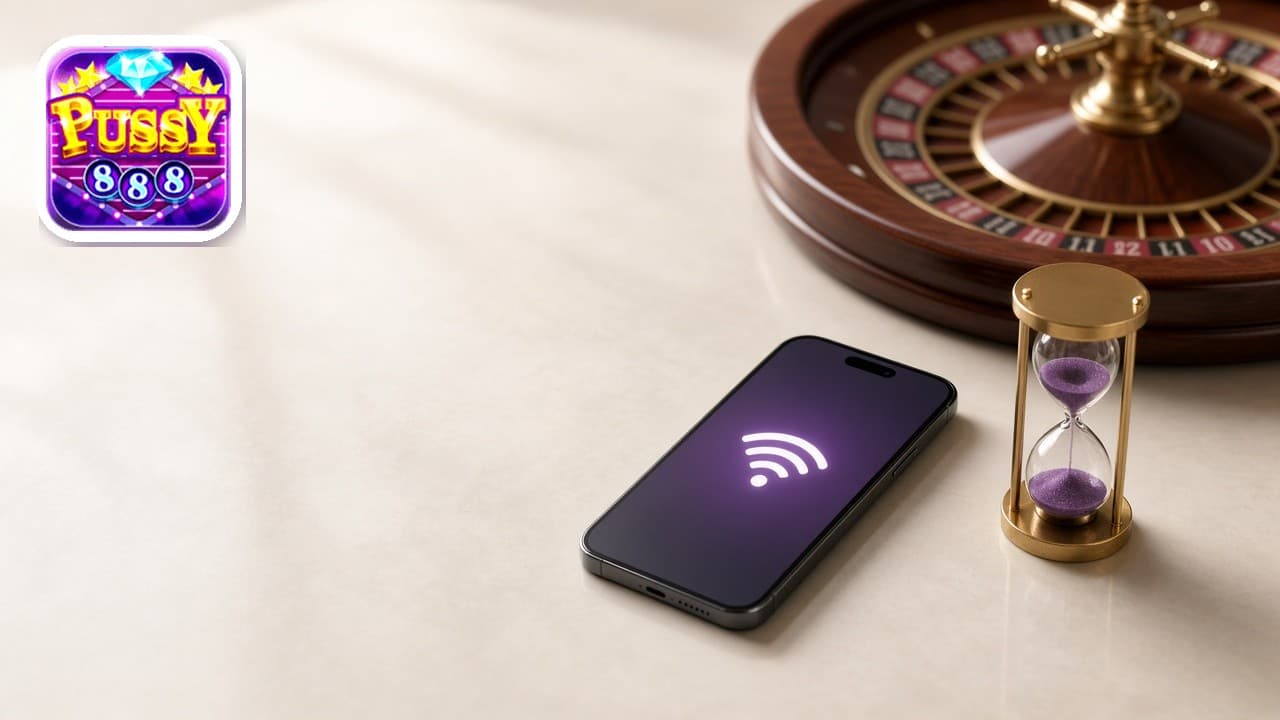 Pussy888 logo beside a phone with a clear signal, an hourglass, and a roulette wheel
