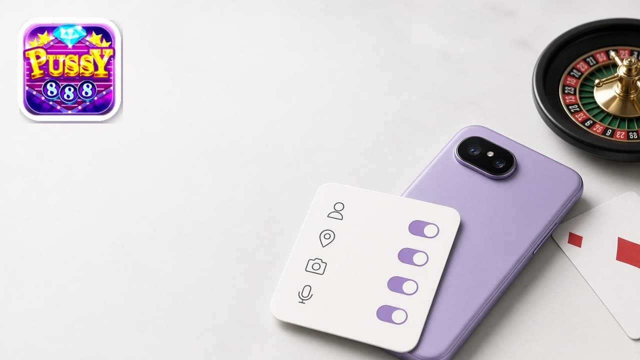 Pussy888 logo beside an Android phone, permission toggles, and a roulette wheel