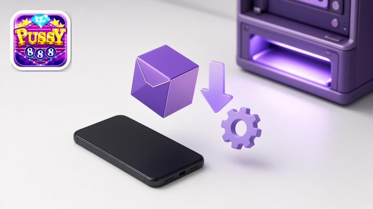 Pussy888 logo beside a phone, an app package, and a download arrow
