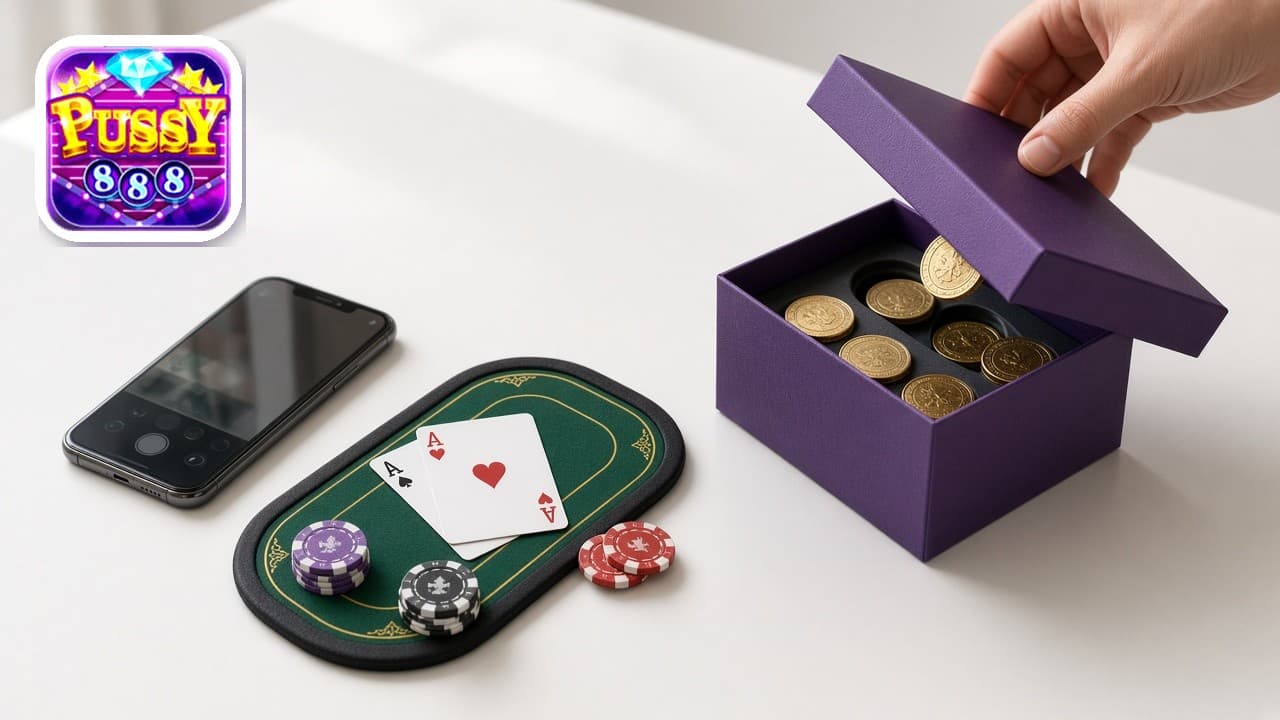 Pussy888 logo beside a phone, playing cards, and coins set aside in a box