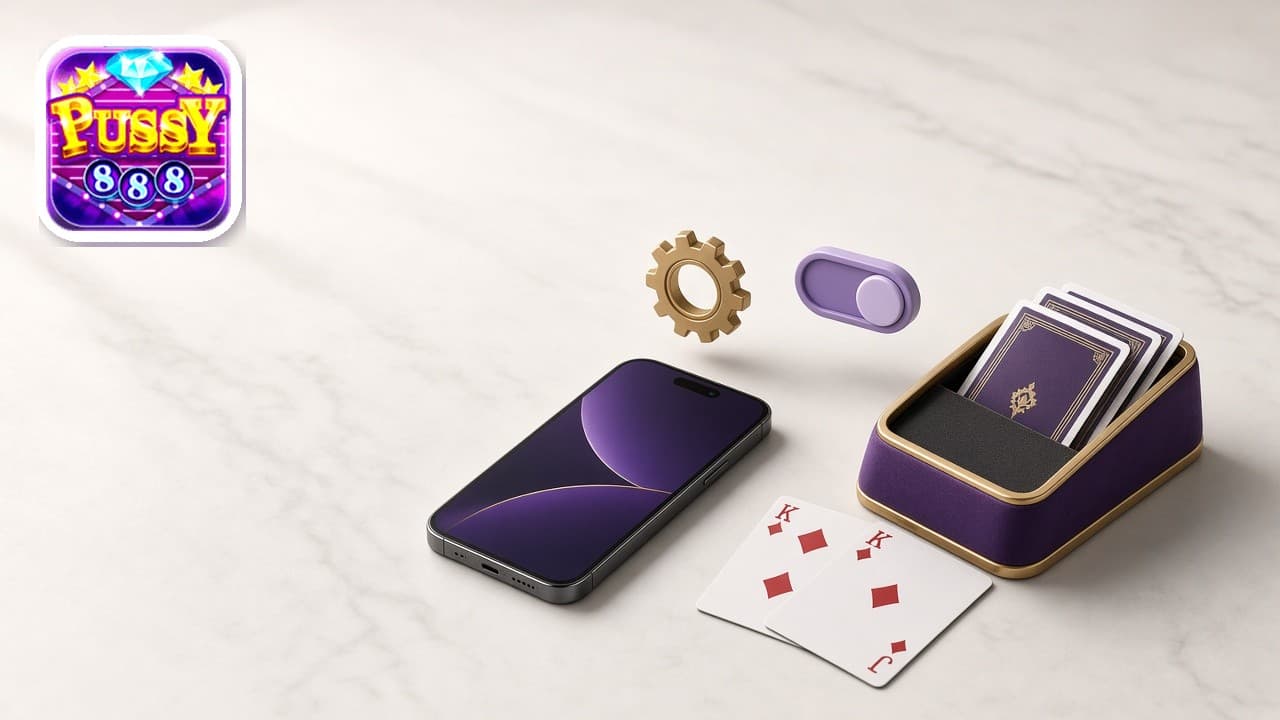 Pussy888 logo beside an iPhone, a settings toggle, and a card shoe