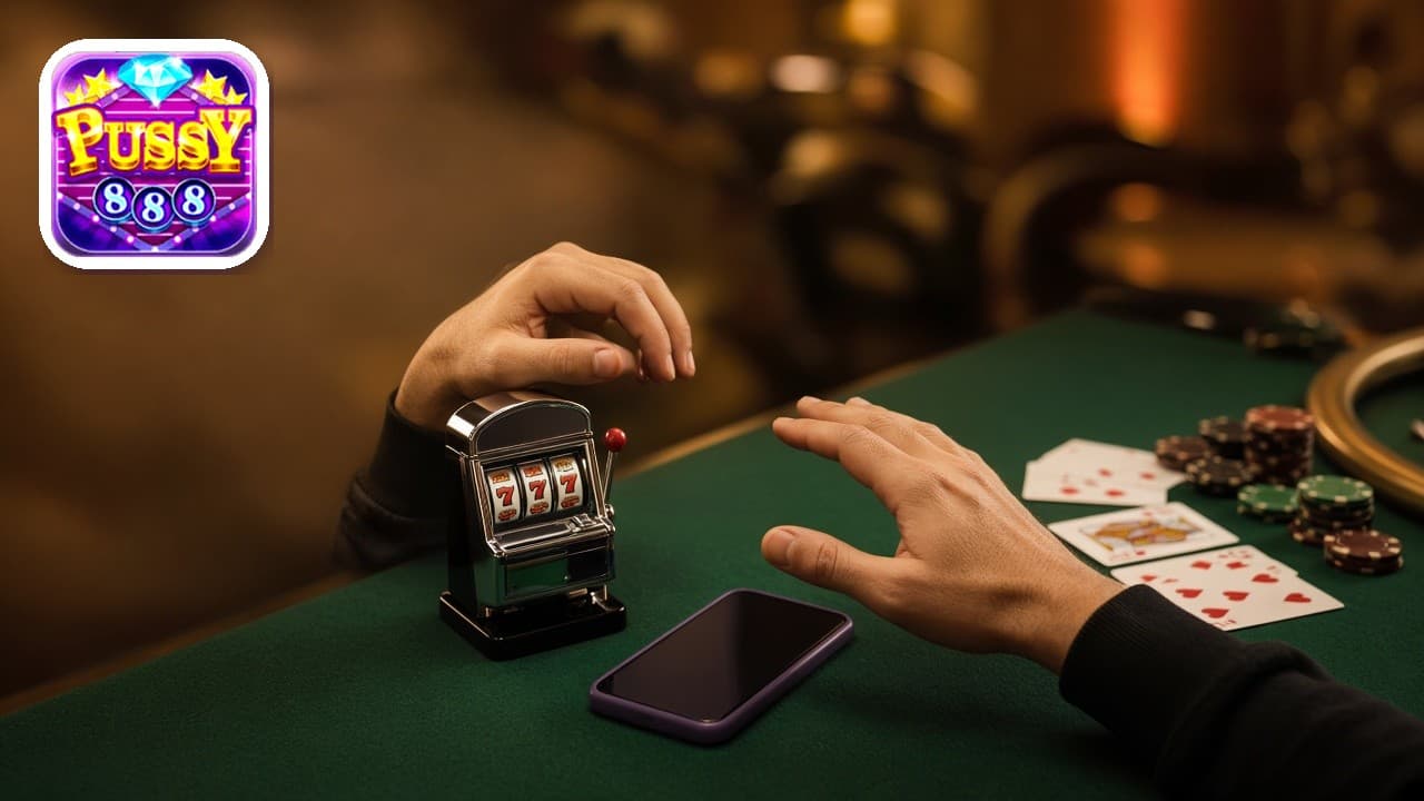 Pussy888 logo beside hands choosing a slot machine or a live card table