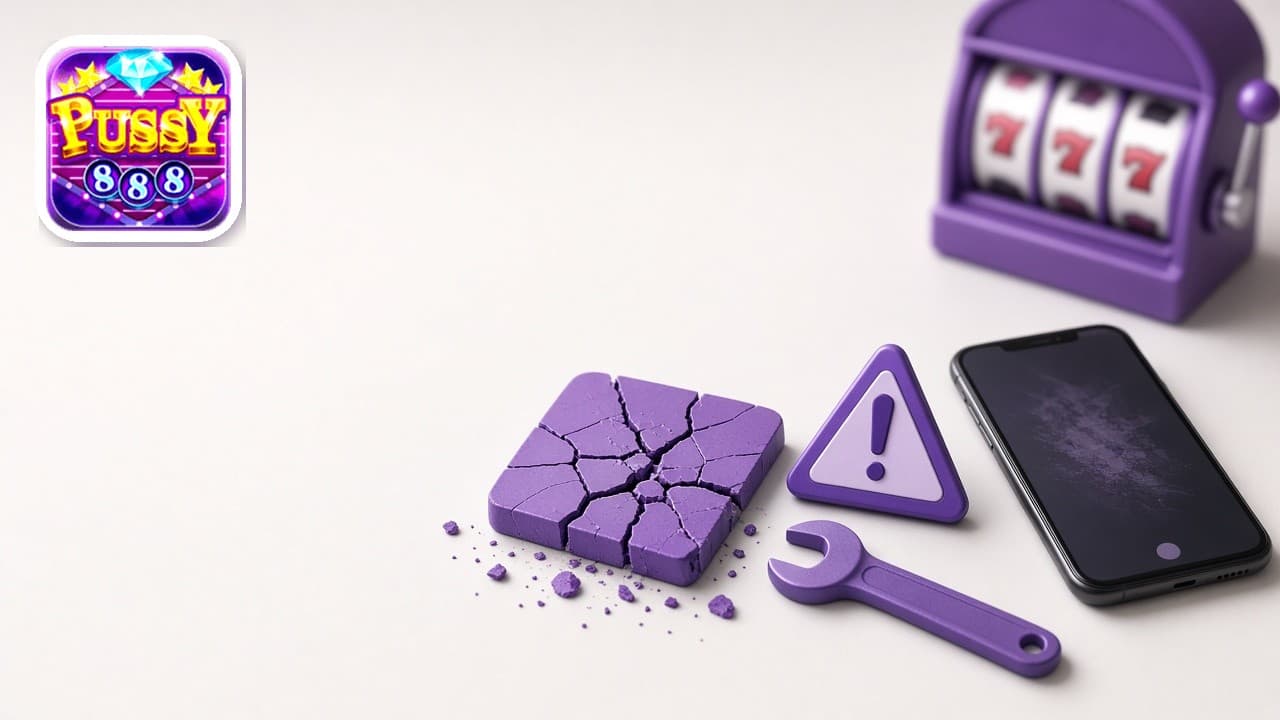 Pussy888 logo beside a cracked app tile, a warning mark, and a wrench