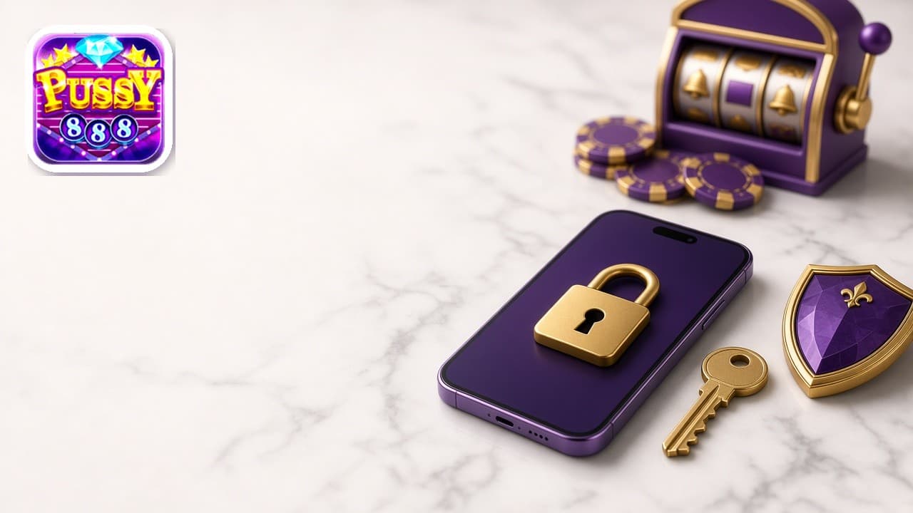 Pussy888 logo beside a locked phone, a key, a shield, and a slot machine
