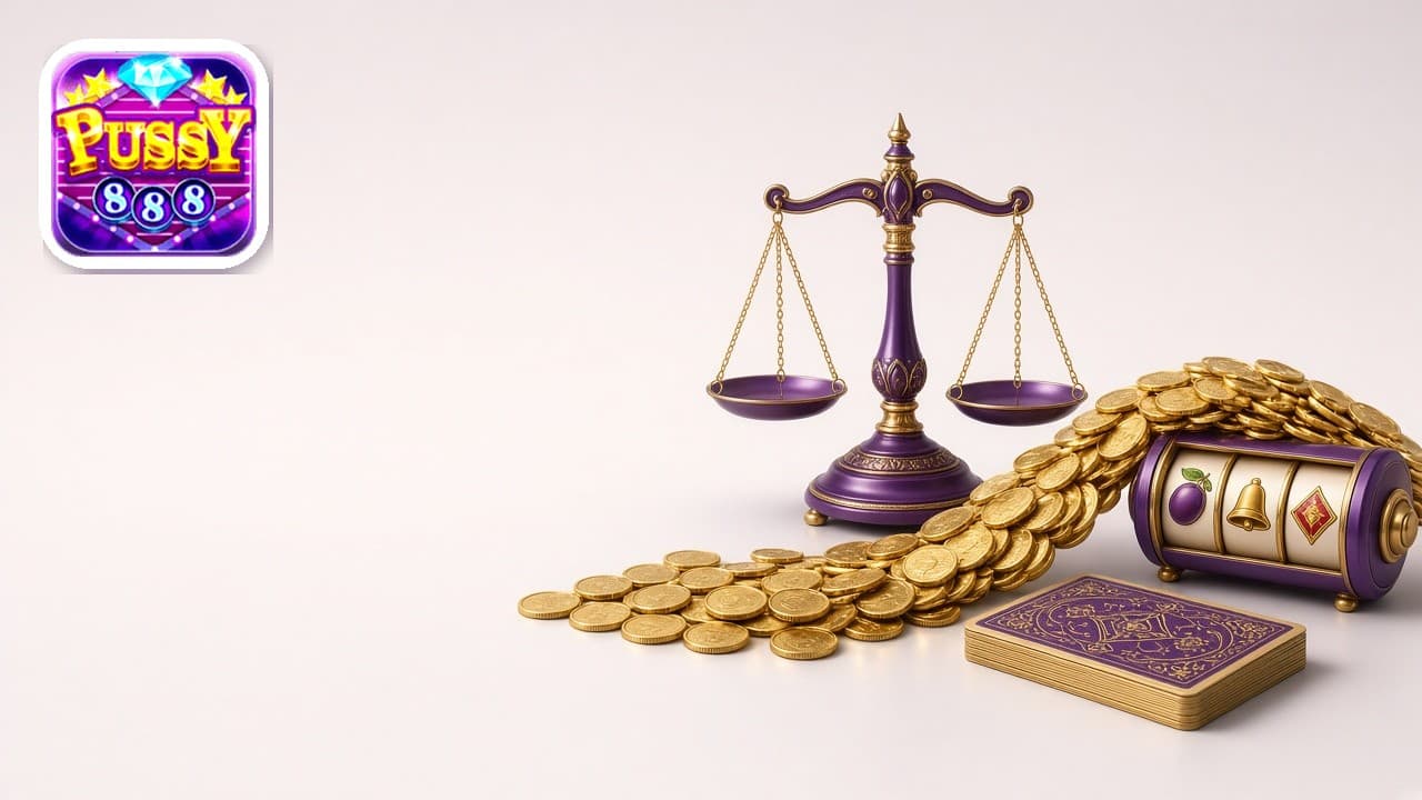 Pussy888 logo beside a balance scale, coins, and a slot reel
